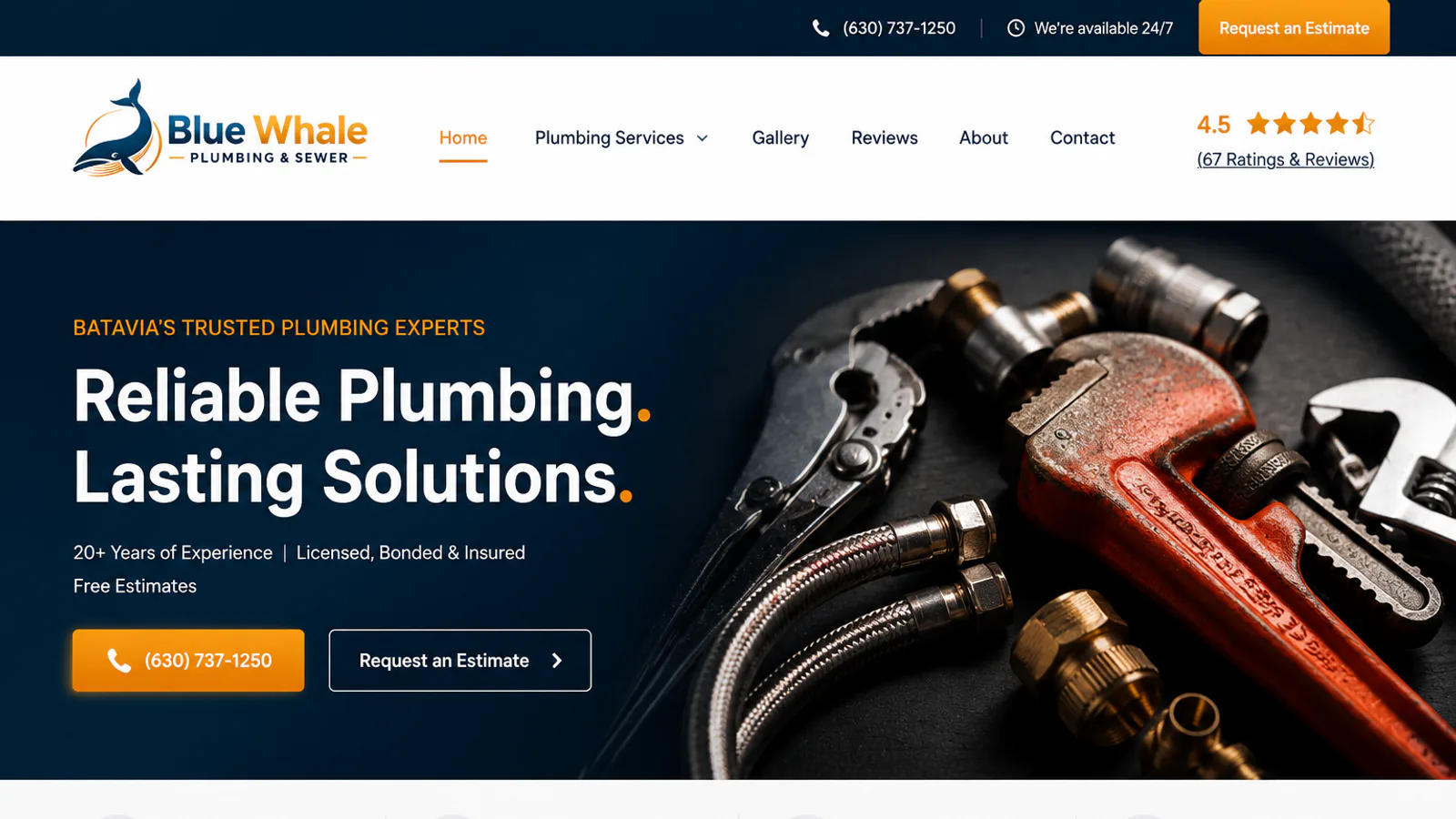 Redesigned Blue Whale Plumbing & Sewer website after the refresh